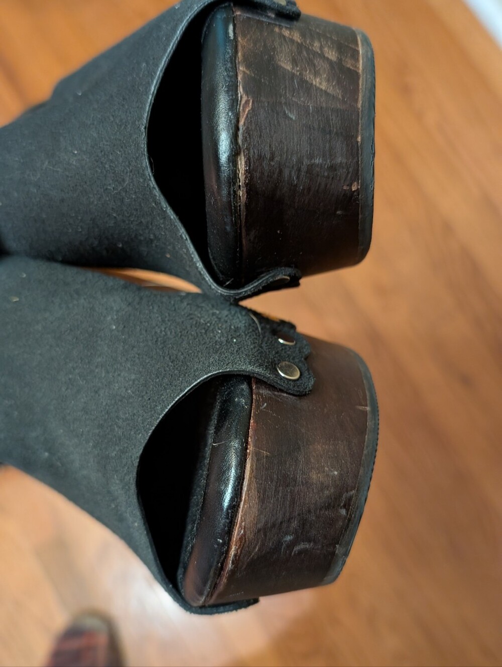 Torrid Black Studded peep toe Platform Wood Wedges back strap - Picture 4 of 10